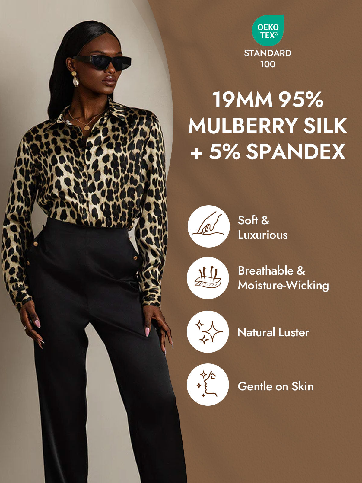[Leopard] SilkSilky-UK Silk Long Sleeve Collar Women's Shirt 004