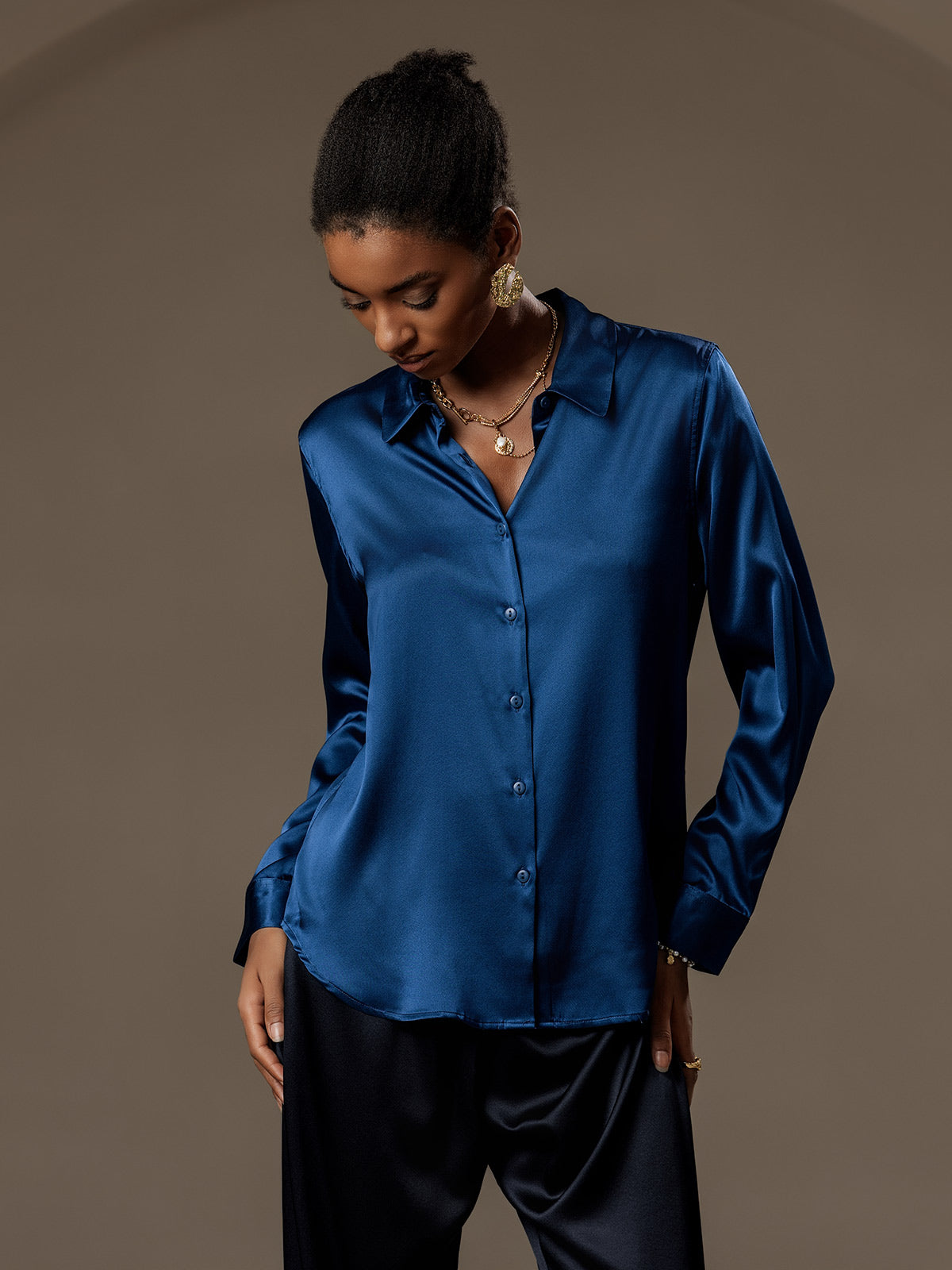 [Teal] SilkSilky-UK Silk Long Sleeve Collar Women's Shirt 008