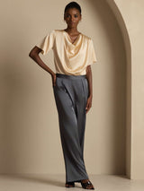 [Champagne] SilkSilky-UK Short Sleeve Cowl Neck Women's Blouse 008