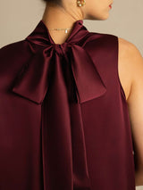 [Dark Red] SilkSilky-UK 19Momme Stretch Silk Charmeuse Sleeveless Tie Neck Blouse 004