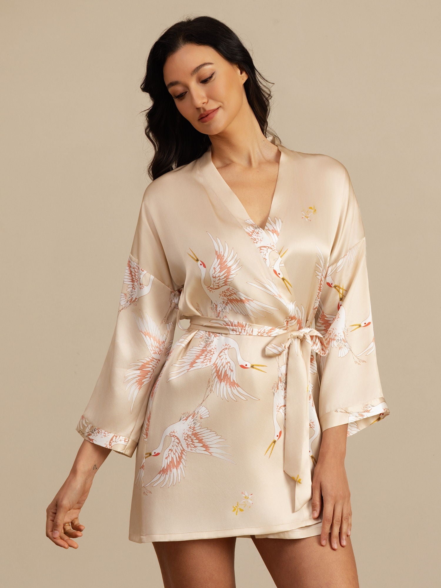 [Champagne] SilkSilky-UK 19Momme 3/4 Sleeve Women's Dressing Gown 001