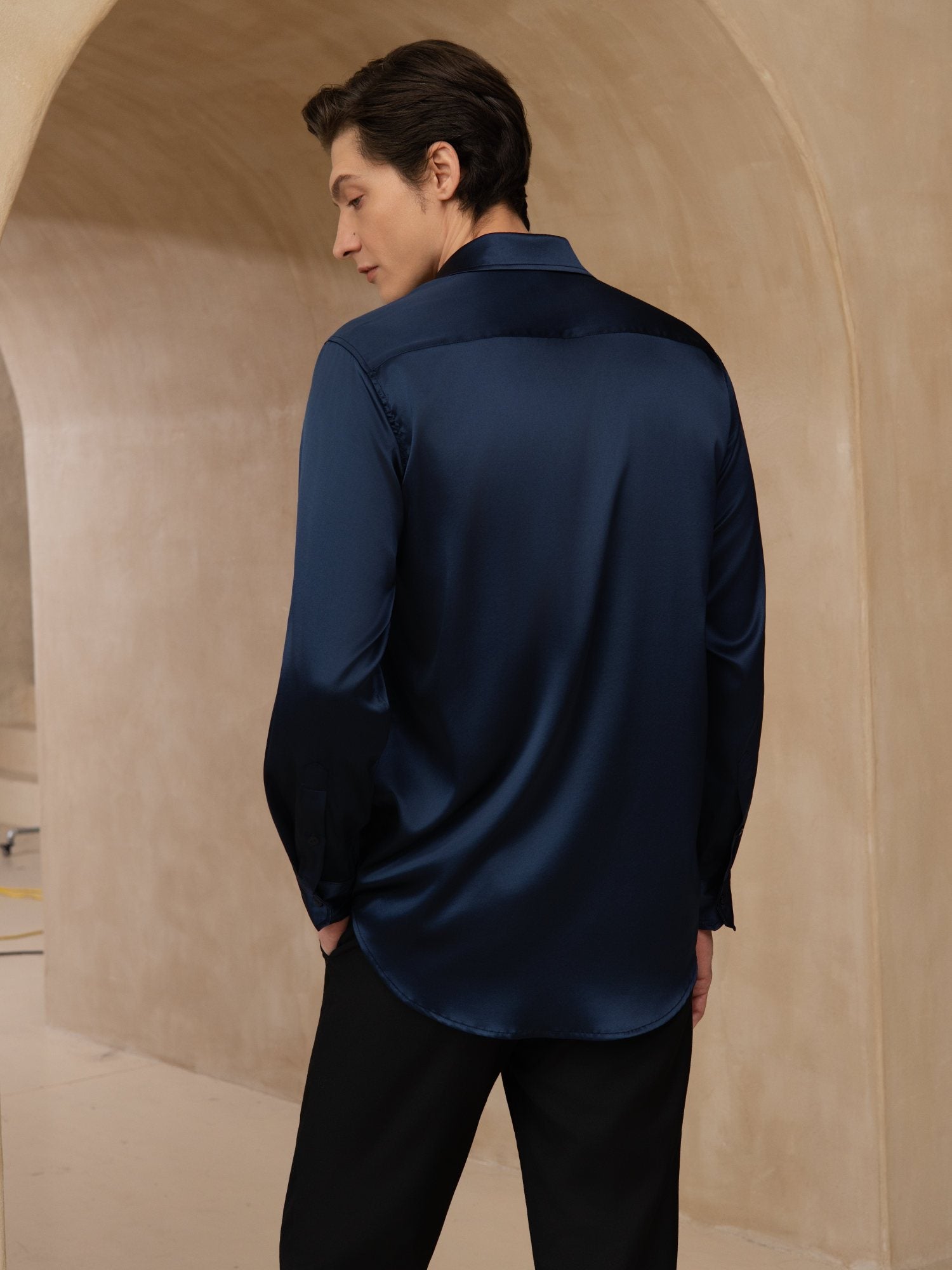 [Dark Blue] SilkSilky-UK 19Momme Stretch Silk Charmeuse Long Sleeve Lapel Collar Men's Shirt 002