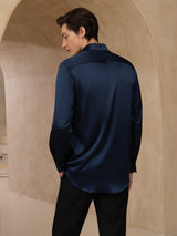[Dark Blue] SilkSilky-UK 19Momme Stretch Silk Charmeuse Long Sleeve Lapel Collar Men's Shirt 002
