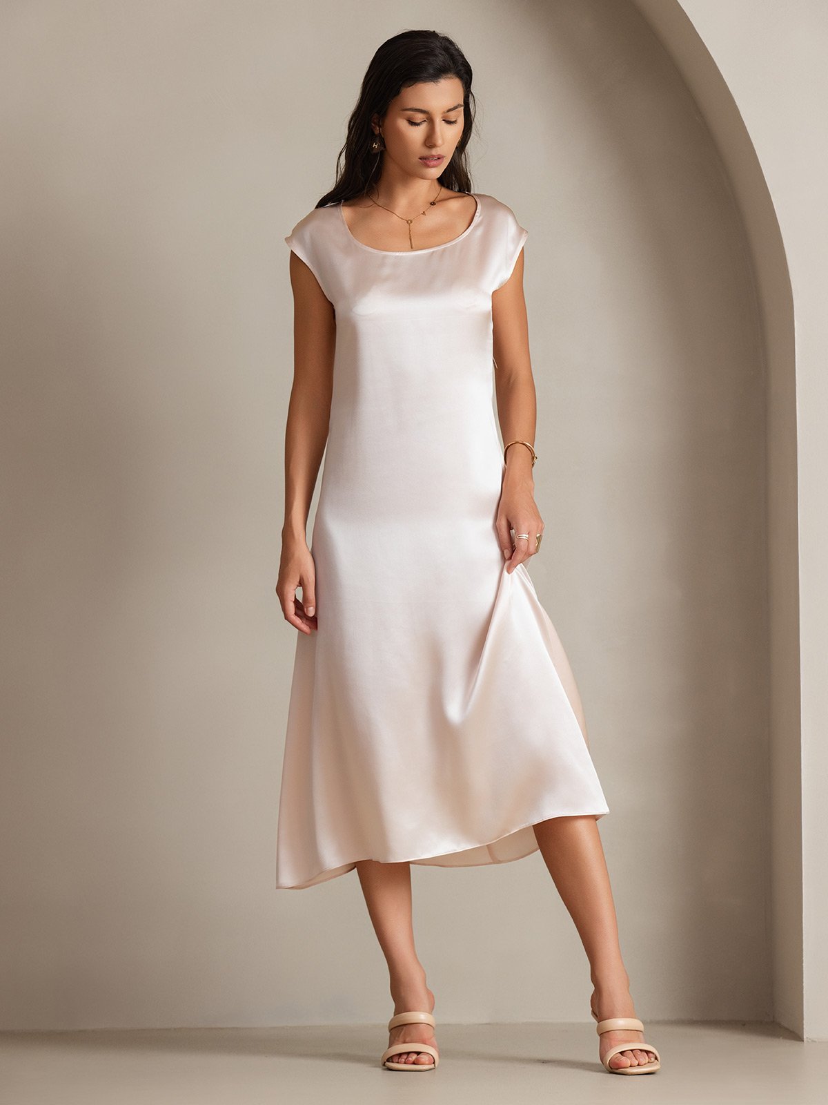 [Pink] SilkSilky-UK 19Momme Silk Cap Sleeve Round Neck Dress 002