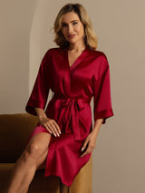 [Wine] SilkSilky-UK 3/4 Sleeve Women's Dressing Gown 004