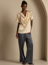 [Champagne] SilkSilky-UK Short Sleeve Cowl Neck Women's Blouse 006