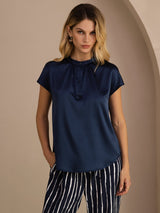 [Dark Blue] SilkSilky-UK Short Sleeve Split Women's Blouse 003