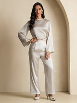 [Light Gray] SilkSilky-UK 19Momme Stretch Silk Charmeuse Long Sleeve Boat Neck Blouse 007