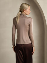 [Khaki] SilkSilky-UK Silk Jersey Long Sleeve Turtle Neck Women's T-Shirt 002