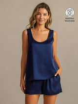 [Dark Blue] SilkSilky-UK 19Momme Machine-Washable Silk Sleeveless Scoop Neck Women's Pyjamas 001