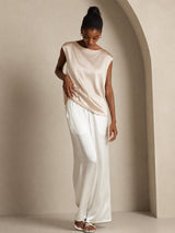 [Beige] SilkSilky-UK Cap Sleeve Round Neck Women's T-Shirt 006