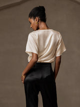 [Beige] SilkSilky-UK Short Sleeve Cowl Neck Women's Blouse 002