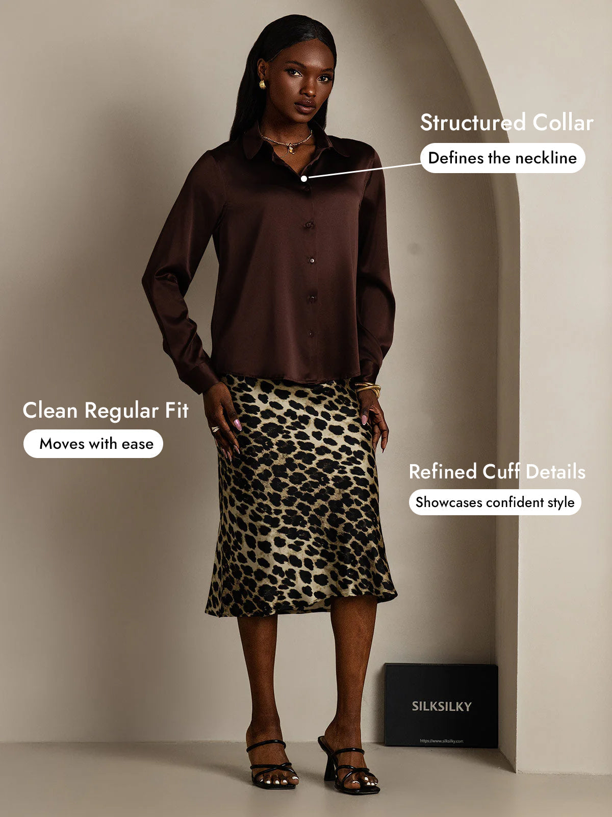 [Bitter Chocolate] SilkSilky-UK Silk Long Sleeve Collar Women's Shirt 005