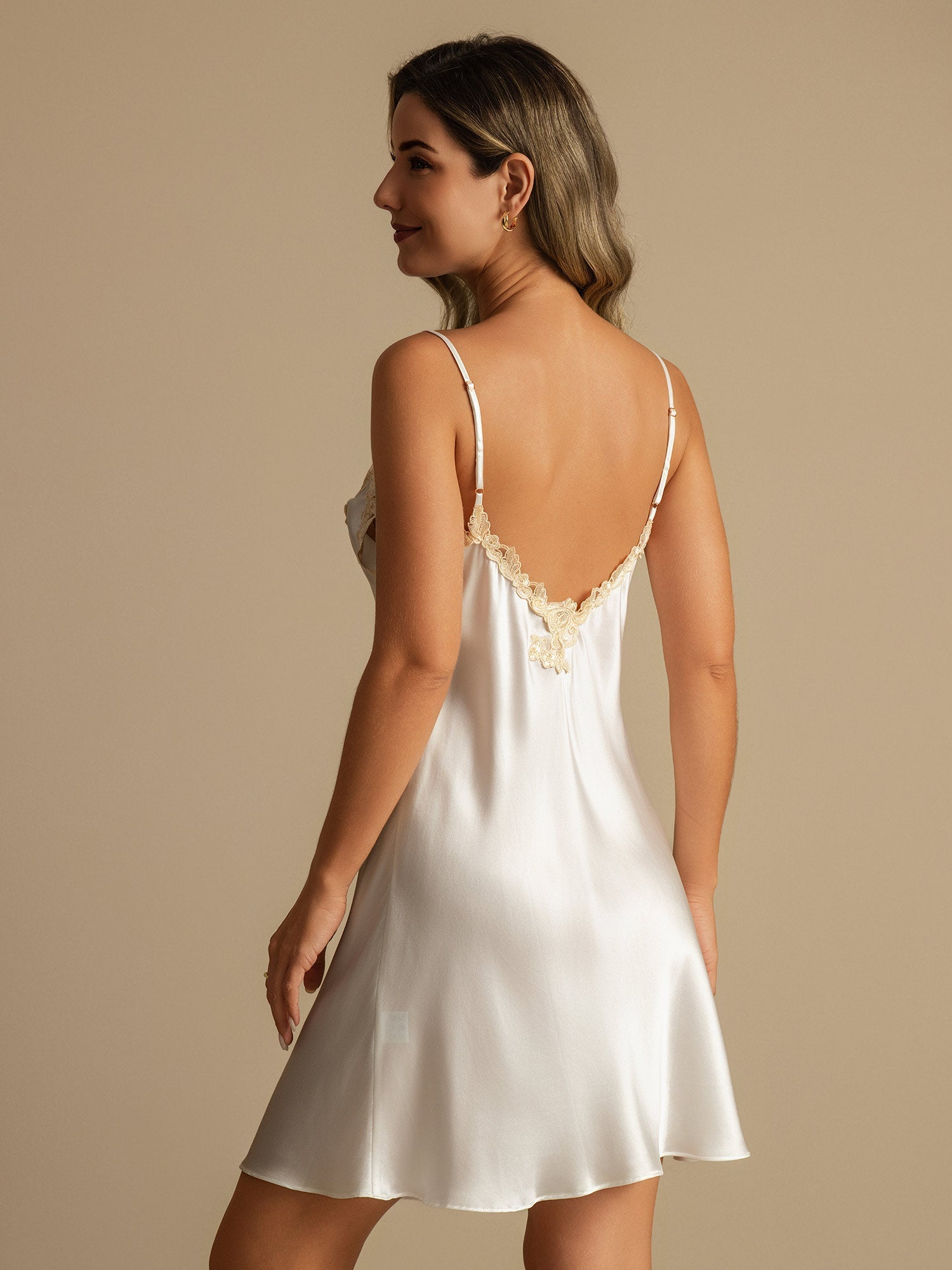 [White] SilkSilky-UK Spaghetti Strap V Neck Nightdress 002