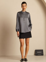 [Dark Gray] SilkSilky-UK 19Momme Stretch Silk Charmeuse Long Sleeve Stand Collar Blouse 009