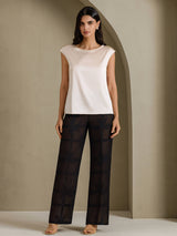 [Beige] SilkSilky-UK Cap Sleeve Round Neck Women's T-Shirt 006