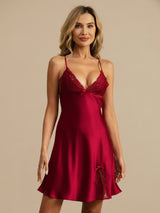 [Wine] SilkSilky-UK Spaghetti Strap Deep V Neck Nightdress 004