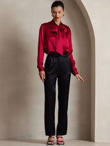 [Wine] SilkSilky-UK 19Momme Stretch Silk Charmeuse Long Sleeve Tie Neck Blouse 005
