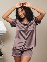 [Coffee] SilkSilky-UK Short Sleeve Lapel Collar Women's Pyjamas 002