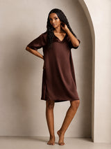 [Brown] SilkSilky-UK Half Sleeve V Neck Nightdress 006