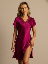 [Wine] SilkSilky-UK Short Sleeve V Neck Nightdress 003