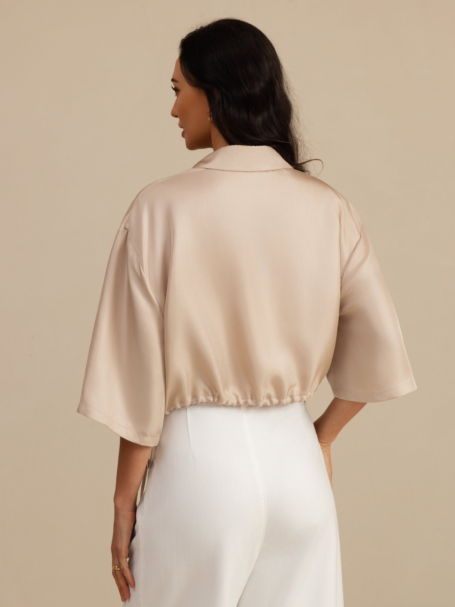 [Tan] SilkSilky-UK 18Momme Silk Satin Surah Half Sleeve Lapel Collar Blouse 002