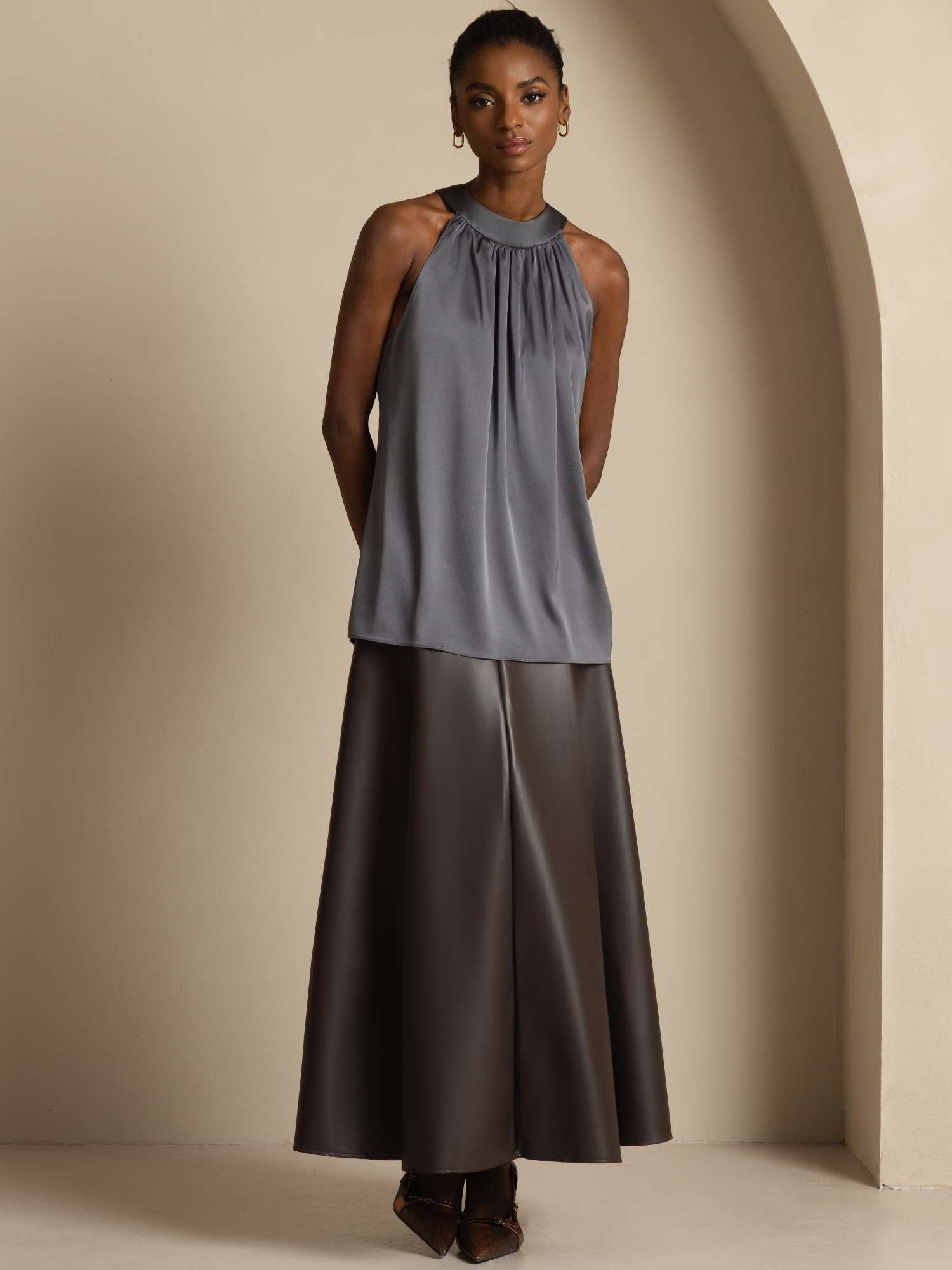 [Dark Gray] SilkSilky-UK 19Momme Silk Sleeveless Halter Neck Women's T-Shirt 003