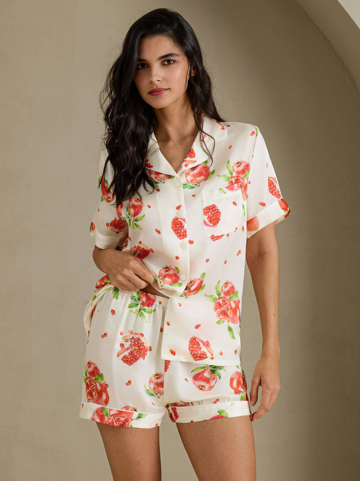 [White Pomegranate] SilkSilky-UK Short Sleeve Notch Collar Women's Pyjamas 001