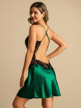 [Dark Green] SilkSilky-UK Spaghetti Strap V Neck Nightdress 001