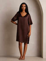 [Brown] SilkSilky-UK Half Sleeve V Neck Nightdress 008