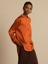 [Caramel] SilkSilky-UK 19Momme Stretch Silk Charmeuse Long Sleeve Stand Collar Blouse 003