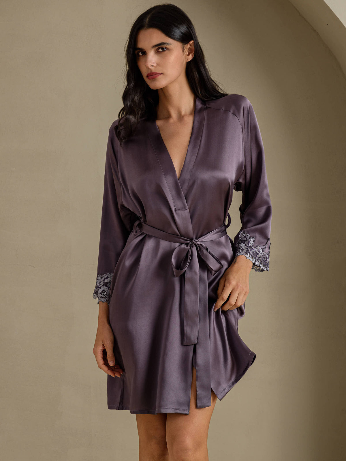 [Purple Gray] SilkSilky-UK 3/4 Sleeve Women's Dressing Gown 001