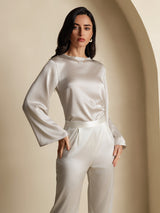 [Light Gray] SilkSilky-UK 19Momme Stretch Silk Charmeuse Long Sleeve Boat Neck Blouse 005