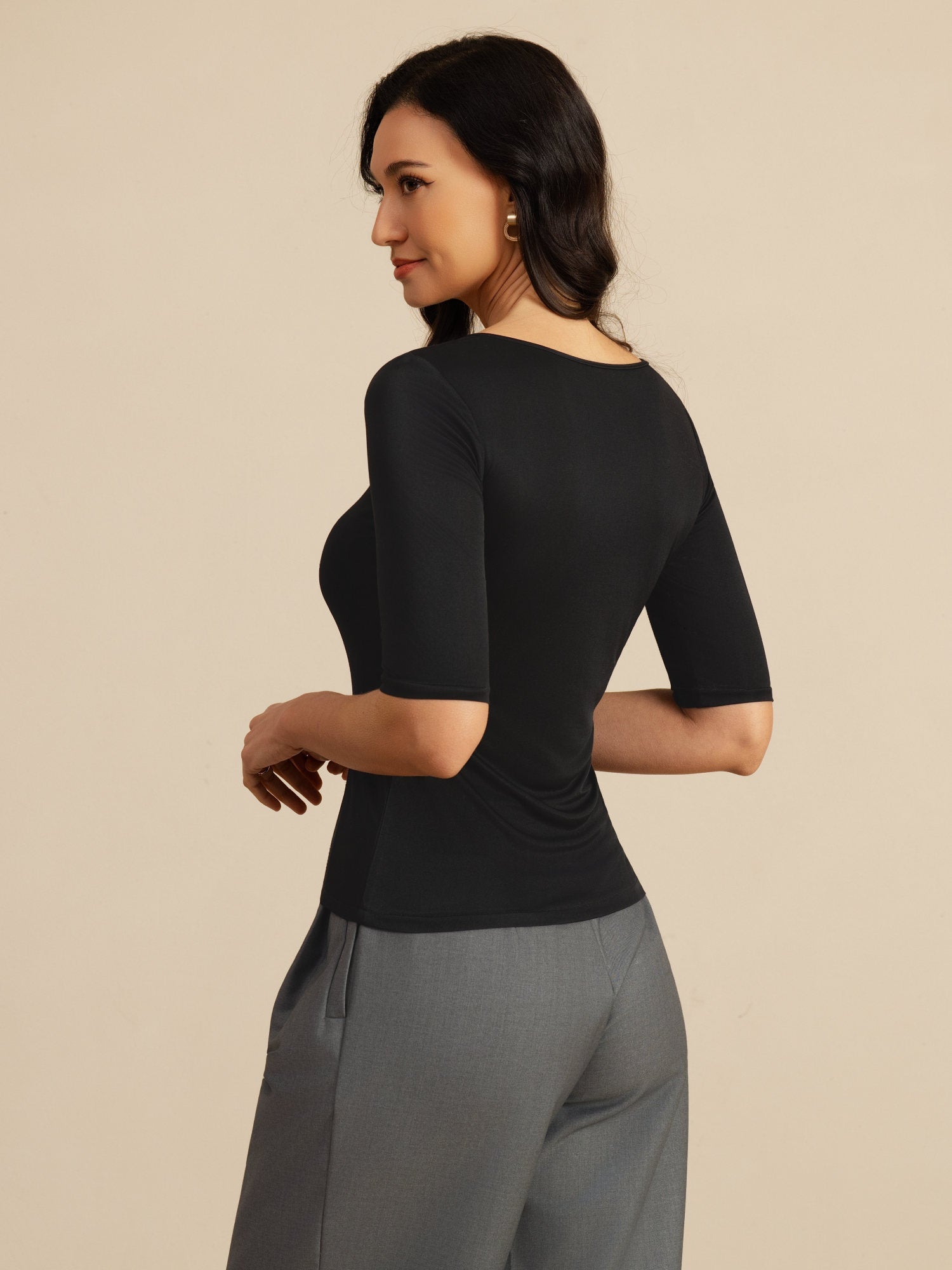 [Black] SilkSilky-UK 100% Silk Jersey Half Sleeve Scoop Neck Women's T-Shirt 002