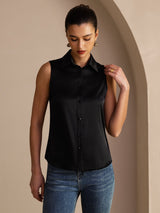 [Black] SilkSilky-UK Sleeveless Lapel Collar Women's Shirt 005