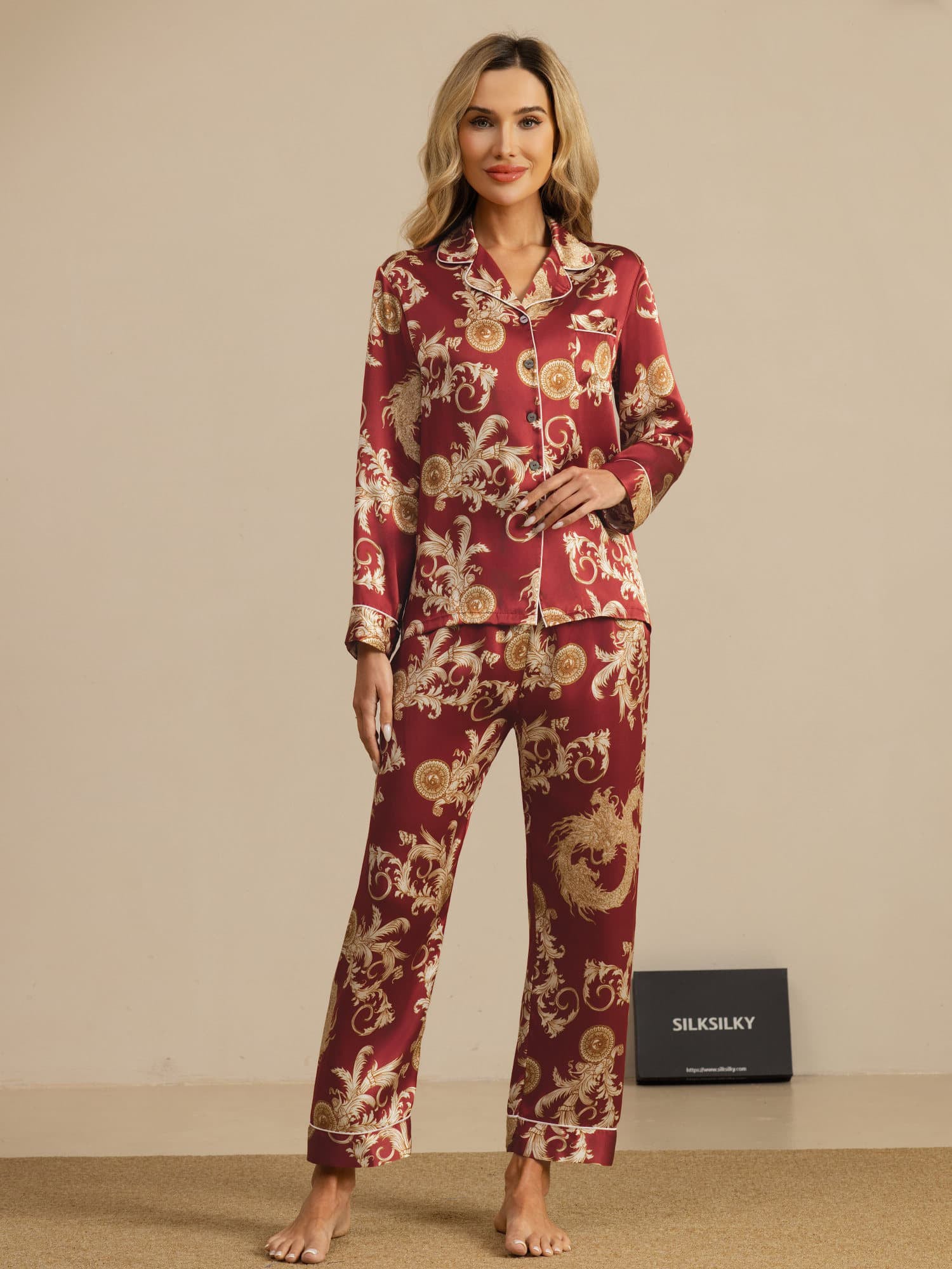 [Wine Dragon] SilkSilky-UK Long Sleeve Lapel Collar Women's Pyjamas 001