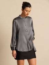 [Dark Gray] SilkSilky-UK 19Momme Stretch Silk Charmeuse Long Sleeve Stand Collar Blouse 005