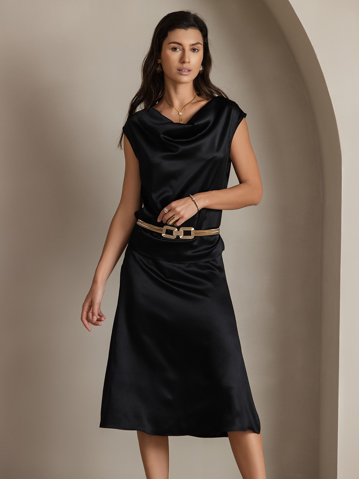 [Black] SilkSilky-UK 19Momme Silk Cap Sleeve Cowl Neck Women's T-Shirt 003