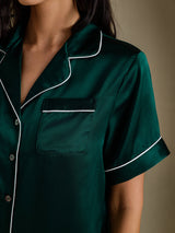 [Dark Green] SilkSilky-UK Short Sleeve Lapel Collar Women's Pyjamas 004