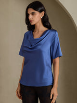 [Real Teal] SilkSilky-UK Short Sleeve Cowl Neck Women's Blouse 003