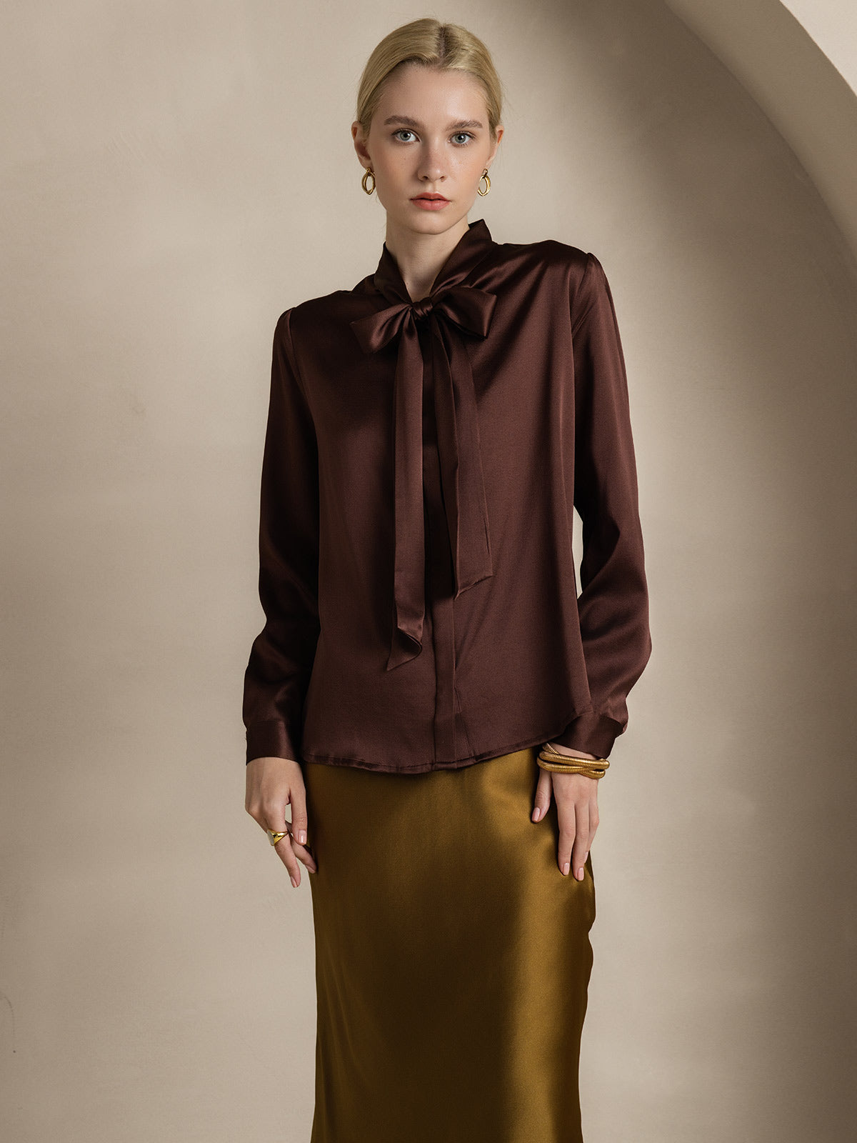 [Coffee] SilkSilky-UK 19Momme Silk Long Sleeve Tie Neck Women's Shirt 004