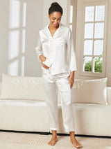 [White] SilkSilky-UK Long Sleeve Lapel Collar Women's Pyjamas 002