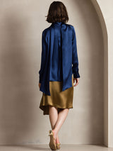 [Dark Blue] SilkSilky-UK Long Sleeve Tie Neck Blouse 002
