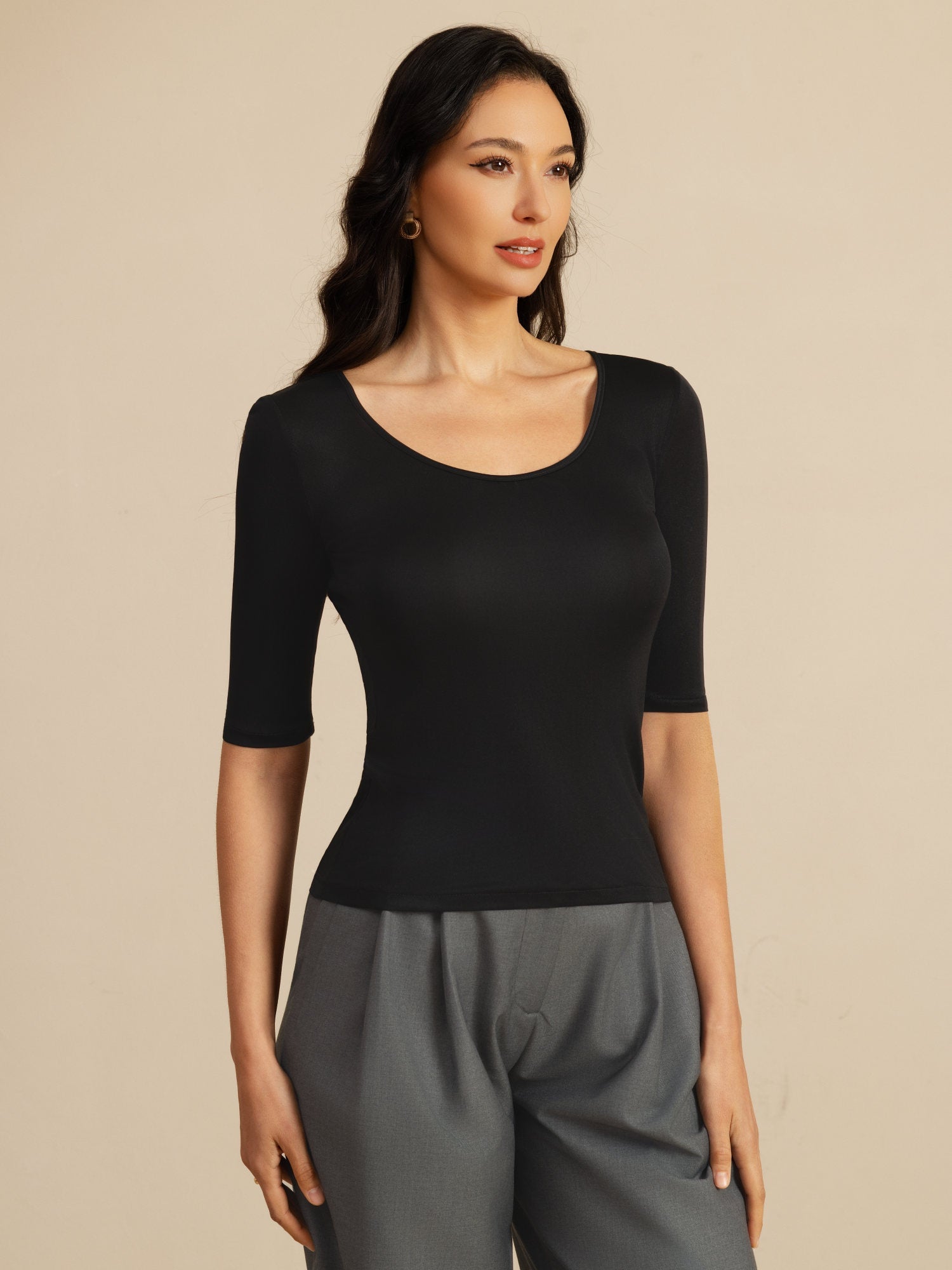 [Black] SilkSilky-UK 100% Silk Jersey Half Sleeve Scoop Neck Women's T-Shirt 001