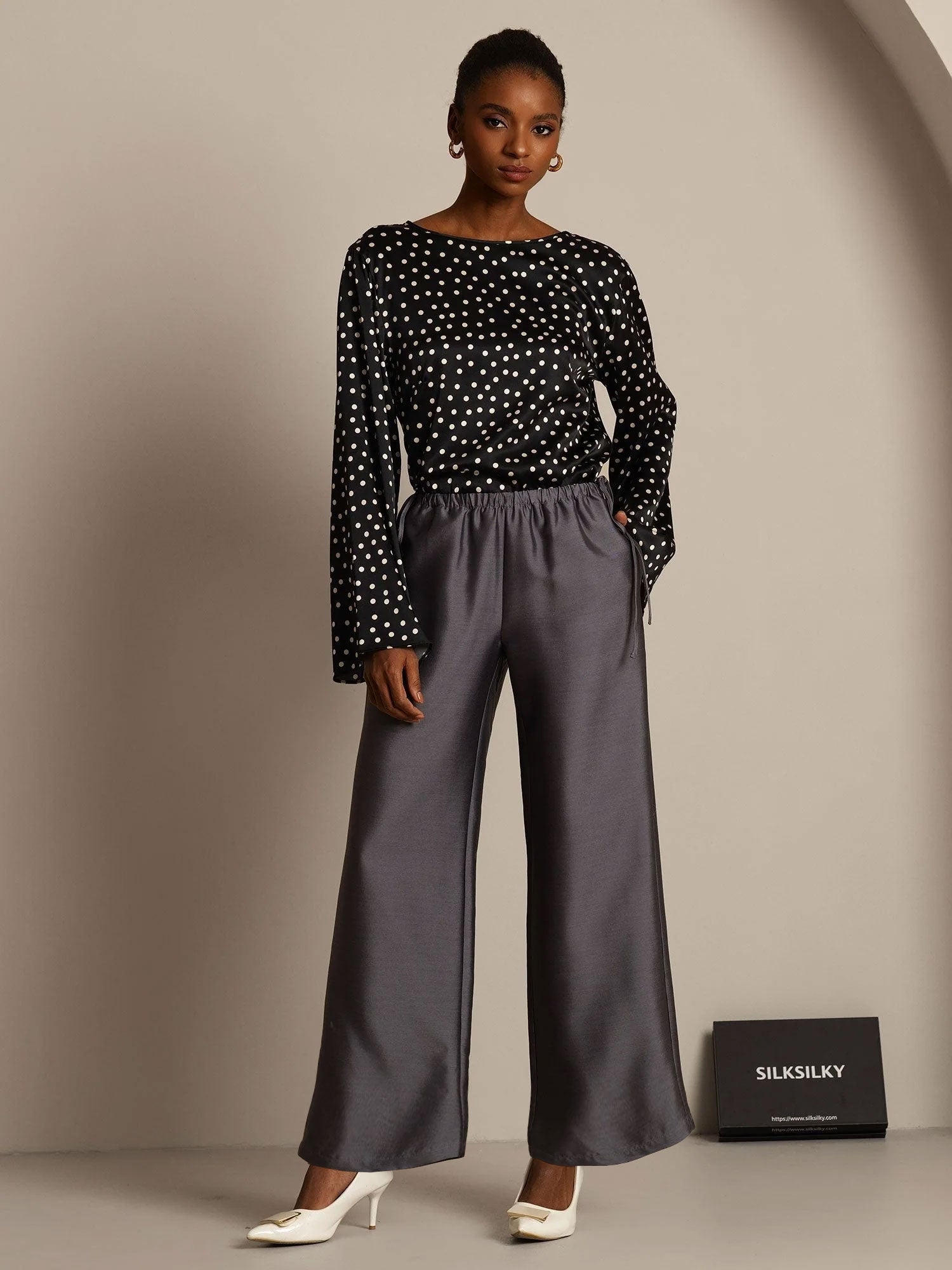 [Gray] SilkSilky-UK 32Momme Silk-Wool Blend Womens Pants 003,