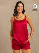 [Wine] SilkSilky-UK 19Momme Machine-Washable Silk Spaghetti Strap Round Neck Camisole Set 001