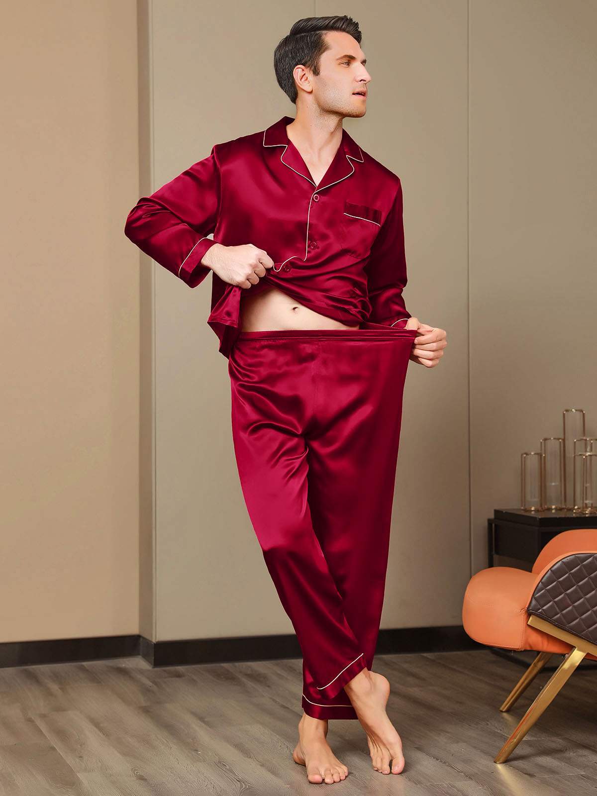 SilkSilky UK Pure Silk Long Sleeve Lapel Men's Pyjamas Wine 008