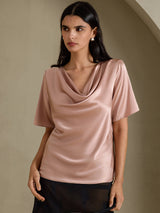 [Tuscany] SilkSilky-UK Short Sleeve Cowl Neck Women's Blouse 001