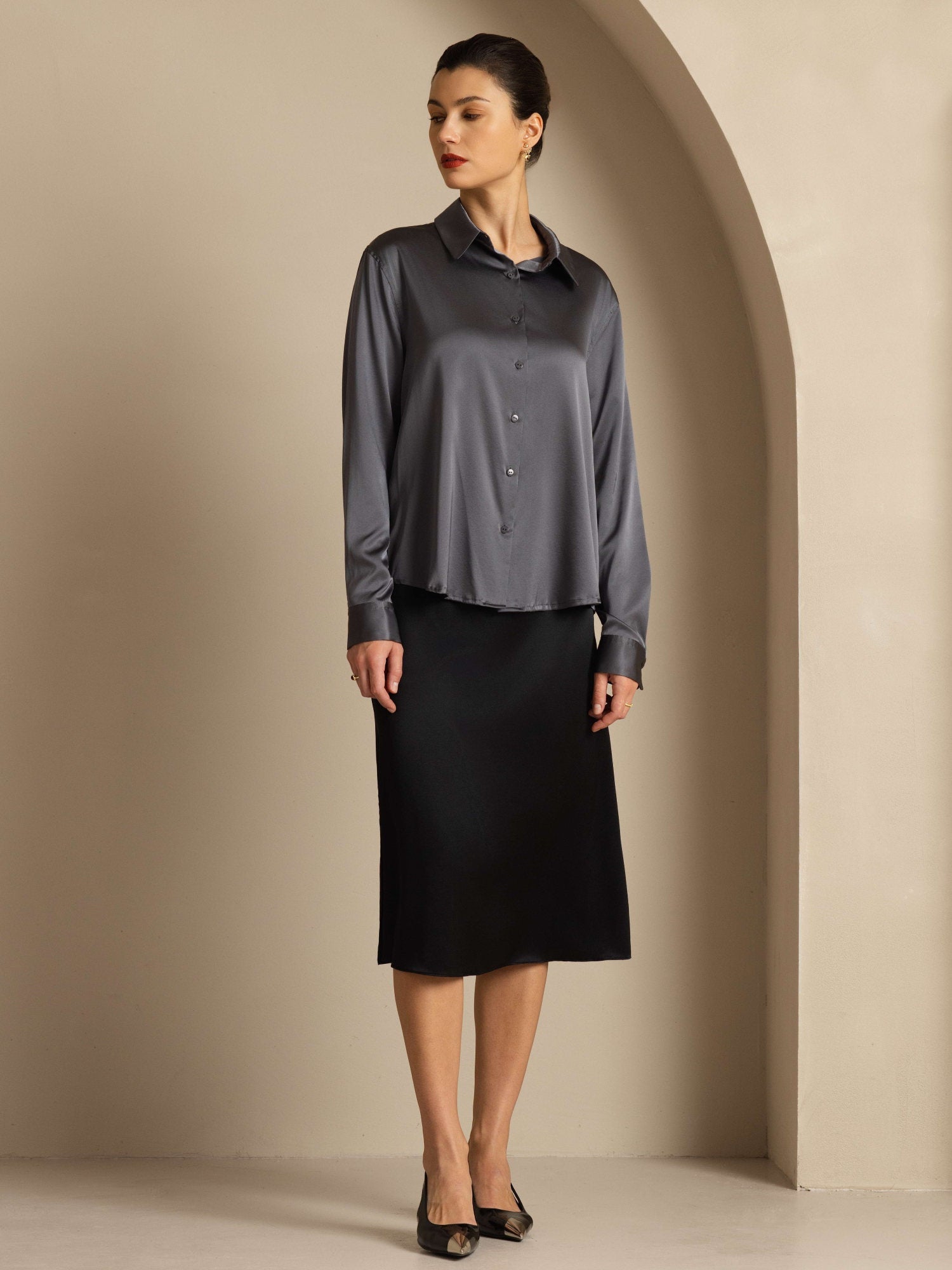 [Dark Gray] SilkSilky-UK 19Momme Stretch Silk Charmeuse Long Sleeve Lapel Collar Women's Shirt 008