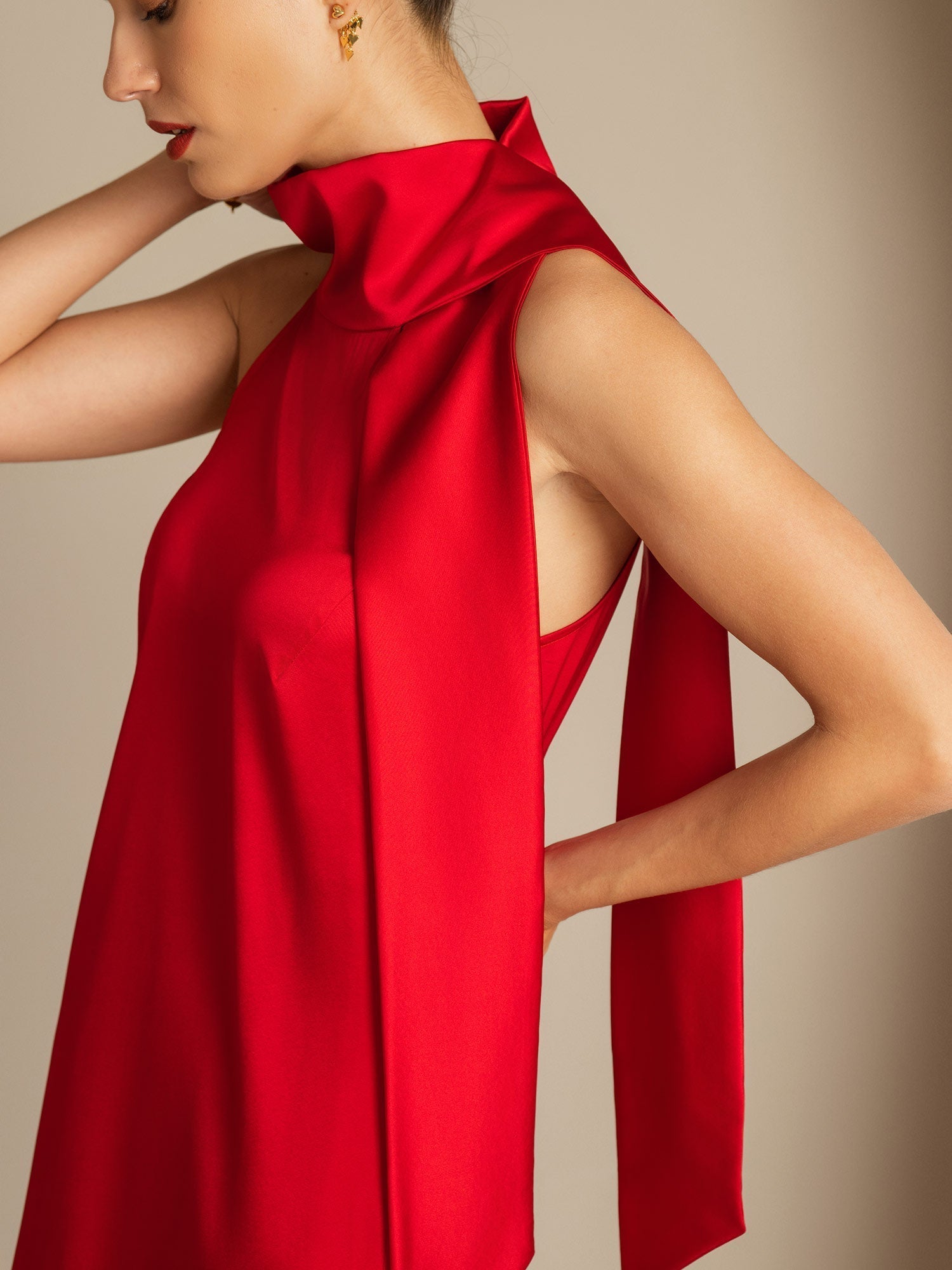 [Red] SilkSilky-UK 19Momme Silk Tie Neck Dress 005,